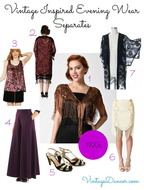 1920s party clothes, separates to mix and match. Skirts, pants and tops. No dress required. 