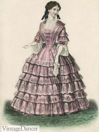1852 flounced dress with matching lace reticule