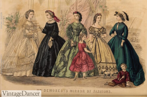 1860 Victorian Fashion Colors Dresses Women Girls Ladies