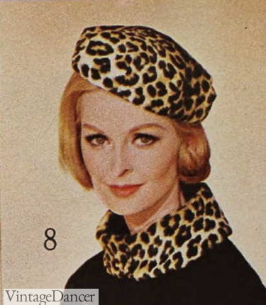 1960s beret hat and leopard fur collar 1964
