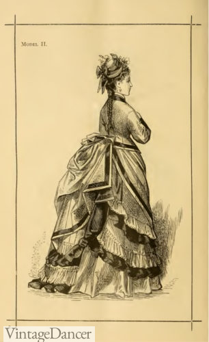 1874 fashion dress, large and high bustle