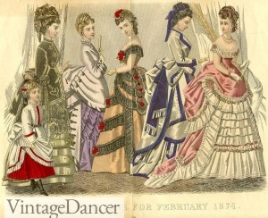 1870s Victorian early bustle era dresses