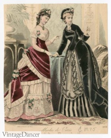 1870s daytime dress and evening gown