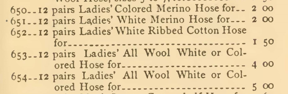1870s Wards listing for women's hosiery (white cotton stockings listed on previous page)