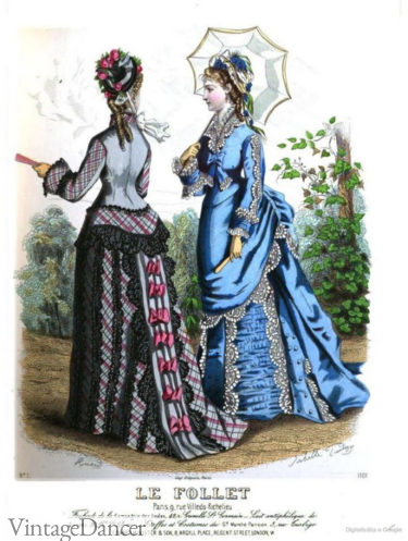 1875 French dresses blue and plaid, new lower and smaller bustles