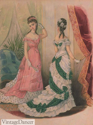 1876 pink ball gown, lace and green sash trained gown