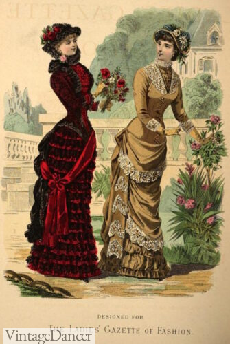 1880s fashion colors red or golden-tan dresses
