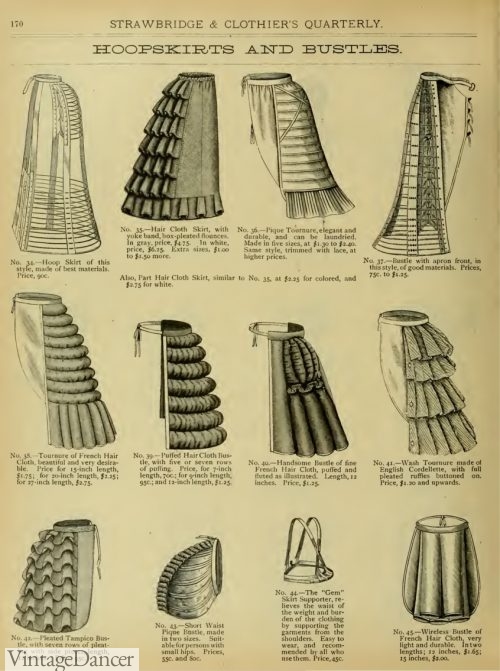 1880s Victorian bustle skirts, bustle pads and crinolines