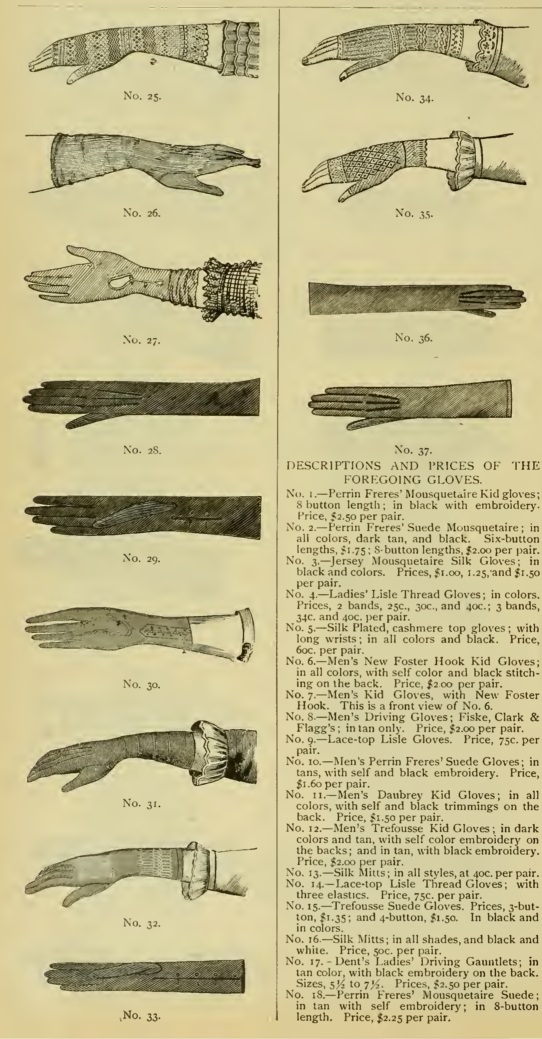 1883 gloves for day to evening (Top down) Dupont, silk, jersey, kid, pigskin, pigskin, pigskin, taffeta silk, lisle cotton, lisle cotton, kid, silk, lace, kid, kid at VintageDancer