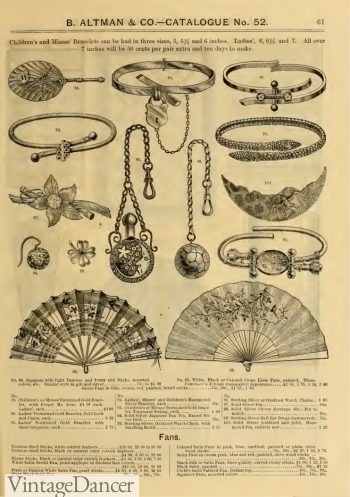 Victorian fashion 1886 jewelry and handfans