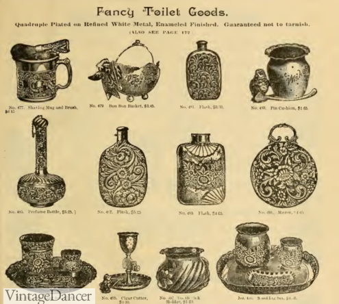 Victorian vanity sets 1890 fancy bottles, cups, vanity sets