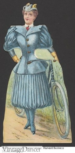 1895 blue bloomer bicycle outfit postcard Victorian women knickerbocker suits