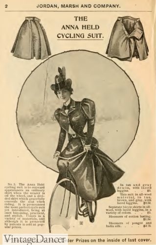 1897 Anna Held bicycle suit, Tweed ride clothing for women