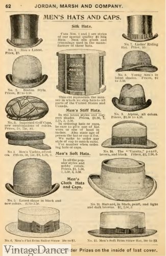 Victorian 1897 men's hats- tops hats, bowler, trilby, golf cap, yacht cap, homburg, gambler, and straw boaters