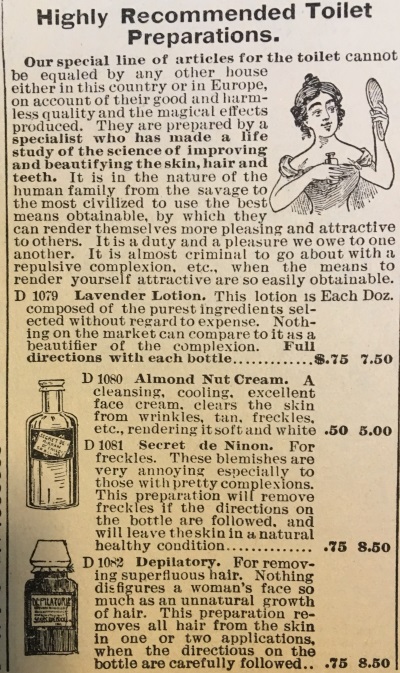 1897 face powders, tonics, lotions in Sears catalog
