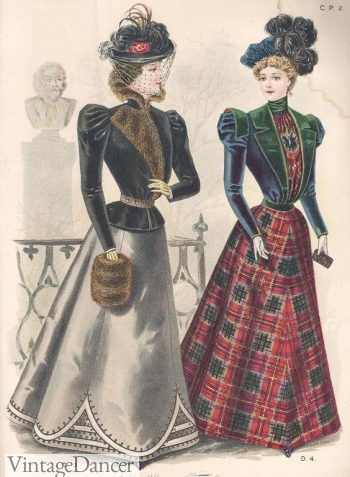 1897 fur muff and short jacket, plaid dress