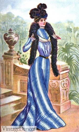 1900 striped reception dress with feather boa