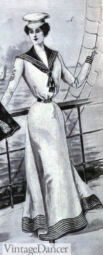1900 sailor dress with striped skirt trim Edwardian dress