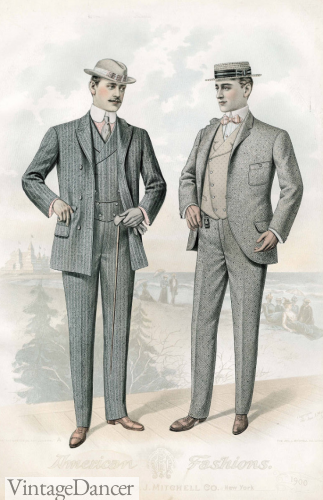 1900 mens sack suit (Left) and cutaway suit (Right)