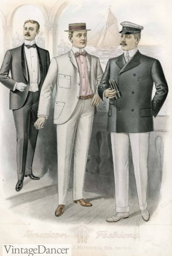 Edwardian 1900 mens navy suit jacket with white trousers, all white cutaway suit and formal tuxedo in the back