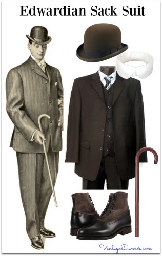 1900s Men's Edwardian Sack Suit Costume plan- classic fit 3 button suit, striped dress shirt with club collar, bowler hat, tie, lace up boots and walking cane. Find these at VintageDancer.com