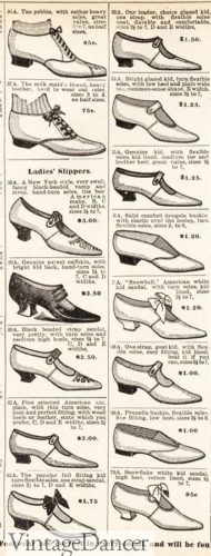 Edwardian 1902 evening shoes, ball gown, dancing slippers, mostly one straps with some decoration