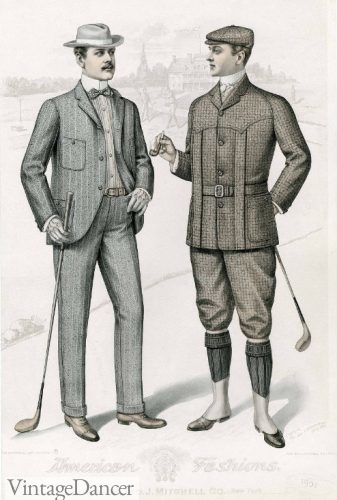 1901 men's Norfolk suit (R) and country cutaway suit (L)