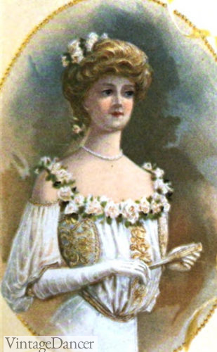 1902 Edwardian hair piece and hairstyle adornment, with flowers to the side