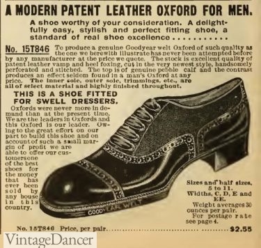 Edwardian 1902 mens shoes short cap toe patent leather oxfords