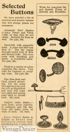 1902 Edwardian cuff links: pearl button, dumb-bell, plaid, opal pipe stem stud, celluloid collar