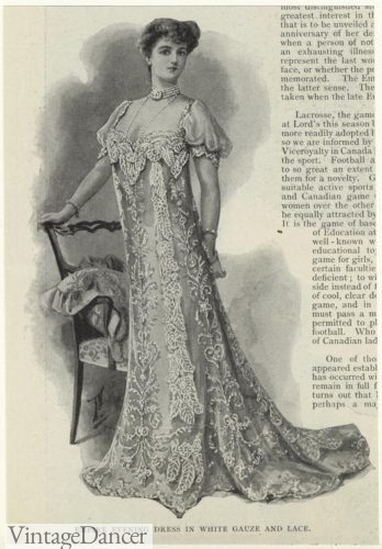 1902Edwardian waistless evening gown of lace