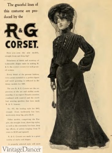 Edwardian dresses 1903 R.G Corset with straight bust and deep hip create the look look of the 1900s