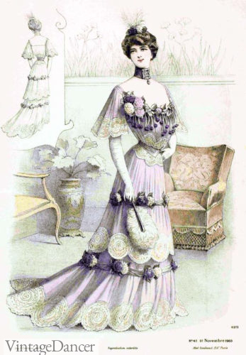 Edwardian 1903 lilac evening dress
