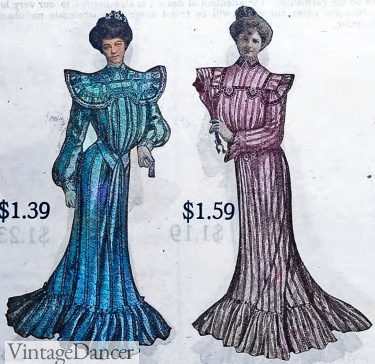 1904 wrapper dresses in blue and pink stripes