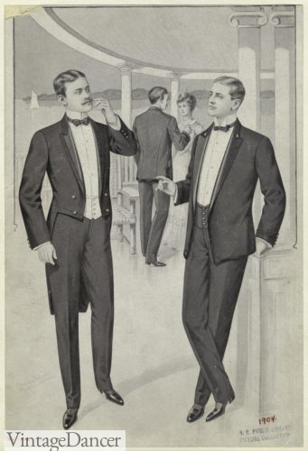 Edwardian era men's 1904 tailcoat and dinner jacket suits