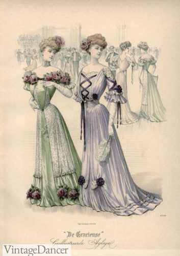 Edwardian 1905 illustration of women in evening dress