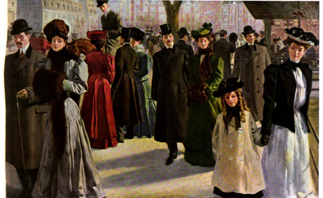1905 street scene fall and winter New York fashion Edwardian dress coats menswear