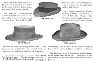 1906 several telescope crown hats Edwardian mens hats 1900s hats guys