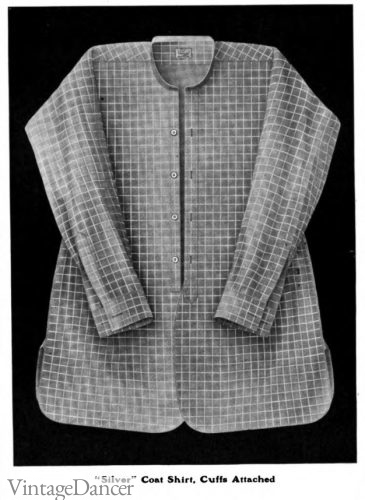 Edwardian Mens 1906 coat-style negligee shirt in windowpane pattern