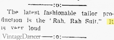 The Elyria Chronicle newspaper in 1907 rah rah suit at VintageDancer