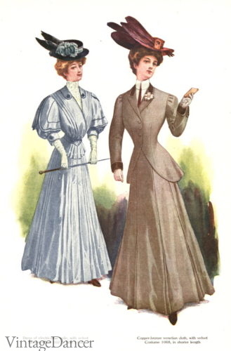 1907 walking suits with a walking stick Edwardian era