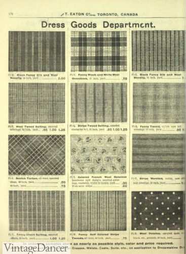 1907 silk, wool, tweed, suiting fabrics Edwardian era