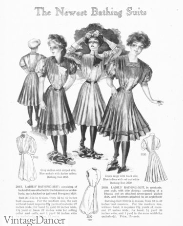 1908 swimwear (note the bloomer suits for under the swim dress)