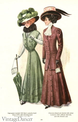 1908 spring suits and dress with umbrella and purses Edwardian era