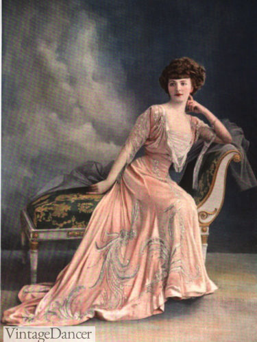 Edwardian 1908 pink evening dress with train