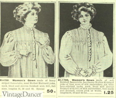 Edwardian nightgowns, sleepwear 1900s 1909 mother Hubbard necklines nightgowns women Edwardian
