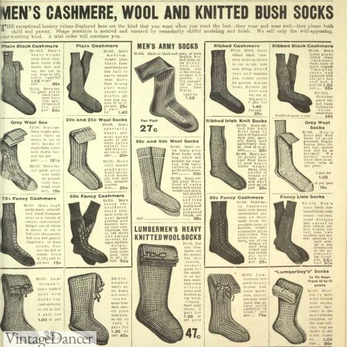 Edwardian men's socks - 1909 working class heavy knit "lumberman's" socks and fine silk and cashmere dress socks.