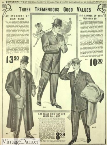 1909 Eatons catalog with conservative sack suit and rah-rah suit