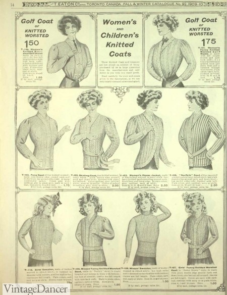 Edwardian 1909 Sweater Coats dans divers styles. 