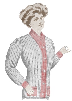 1909 Edwardian Knit Cardigan Sweater with Full Mutton Sleeves. Hand colored with grey and cardinal red trim.